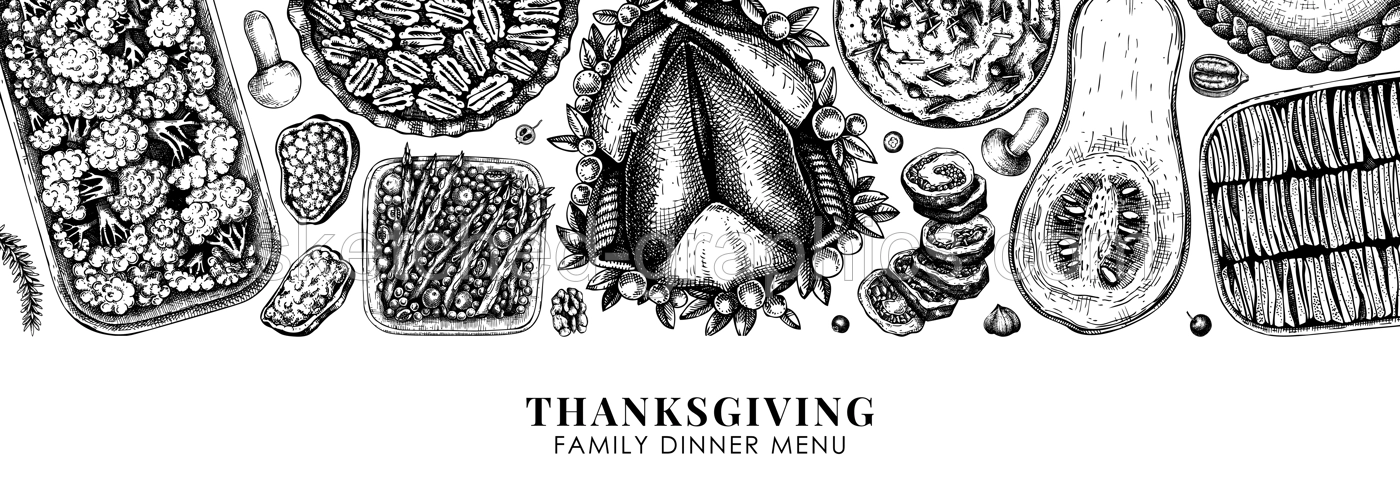 Thanksgiving food banner design. With roasted turkey, cooked vegetables, rolled meat, baking cakes and pies sketches. Vintage autumn food template. Vector Thanksgiving day background. Illustration